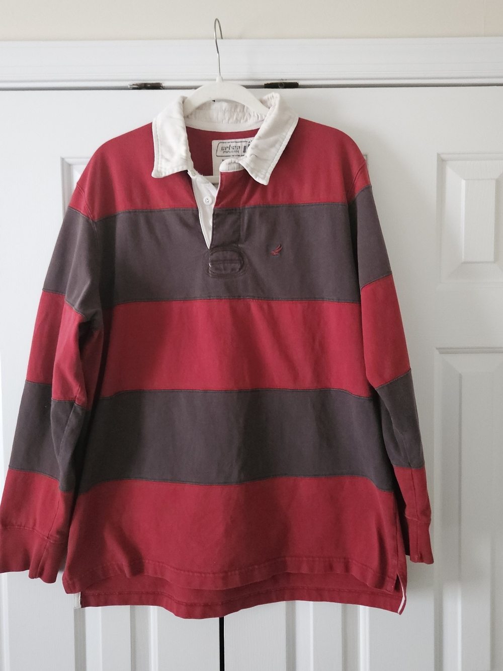 Urban Pipeline Men's XL Striped Long Sleeve Rugby Polo Shirt Red Brown Cotton